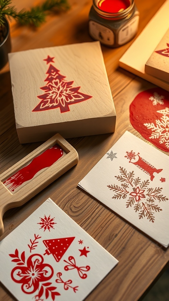 A workspace with a linocut block, brayer, and printed Christmas cards.